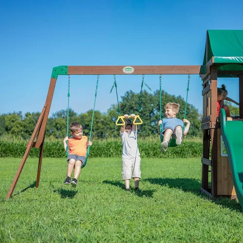 Miniatura 6 de Backyard Discovery Lakewood - Juego de columpios de madera de cedro con tobogán ondulado, casa club, casa de juegos, ventana de snack bar, área