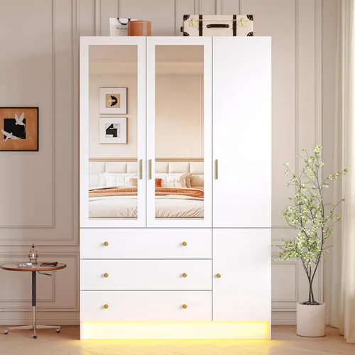 Miniatura 8 de Armario LED de 3 puertas con espejo, armario de madera moderno de 75 pulgadas de alto con 3 cajones, armario de almacenamiento de ropa independiente