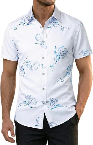 Miniatura 19 de ZEROYAA - Camisas de vestir de manga corta con estampado de rosa dorada para hombre, estilo hipster, calce ajustado, con botones