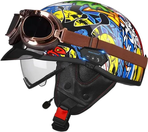Miniatura 9 de Casco de cara abierta con Bluetooth para hombres y mujeres, casco retro de estilo alemán con diseño de calavera, visera con gafas, casco de media