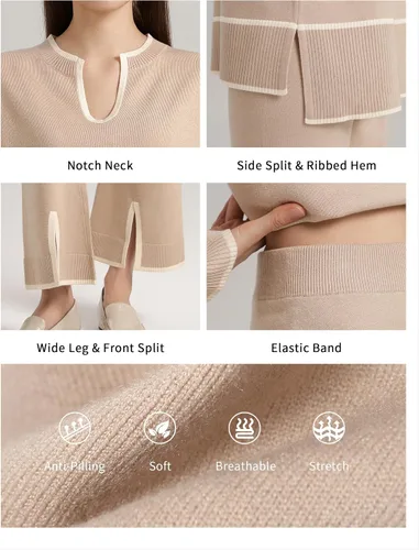 Miniatura 4 de SuperPrity Conjunto de 2 piezas de suéter para mujer, con cuello de muesca, manga larga, suéter de punto y pierna ancha