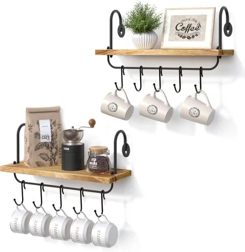 Miniatura 10 de Olakee Estantes flotantes de pared para cocina, baño, rincón de café con 10 ganchos ajustables para tazas, utensilios de cocina o toallas, estantes