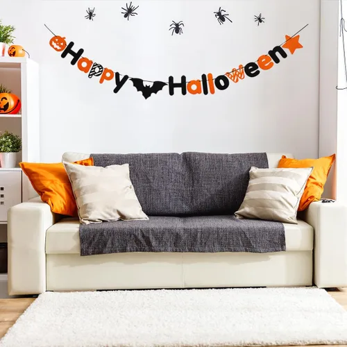 Miniatura 5 de JSDJ Cartel de Feliz Halloween, guirnalda de fieltro con decoraciones de calabaza araña, suministros de fiesta para uso en interiores, pared