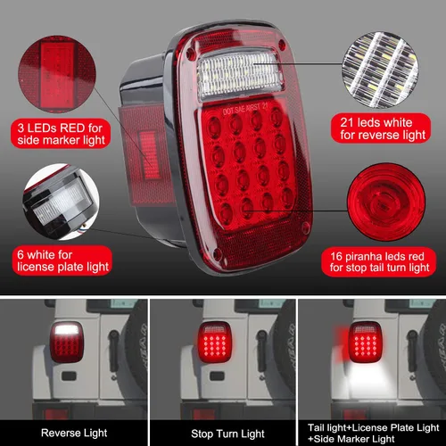 Miniatura 6 de Partswcgg 2 piezas de luces traseras combinadas cuadradas ensamblaje de lámparas con luces marcadoras laterales rojas de repuesto para Wrangler TJ
