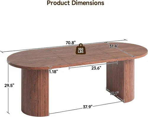 Miniatura 2 de ONBRILL Mesa de comedor de 70.8 pulgadas para 4-6, mesa de comedor ovalada con base de tira de madera acanalada curvada, mesas de cocina modernas