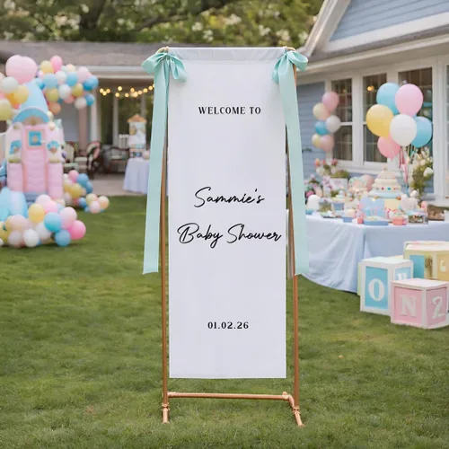 Banner de bienvenida personalizado para baby shower, letrero de telón de fondo de tela con nombre personalizado Baby Shower #6