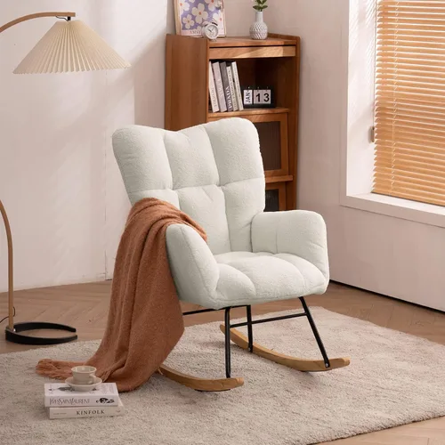 Silla mecedora de terciopelo de peluche, sillón mecedora con carga para guardería, cómoda silla auxiliar para sala de estar, dormitorio (beige +