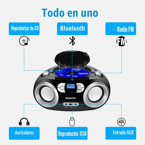 Miniatura 2 de MEGATEK Boombox reproductor de CD portátil con radio FM, Bluetooth y puerto USB, sonido estéreo claro, compatible con CD-R/RW y MP3, entrada