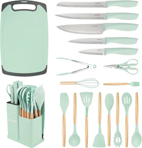Miniatura 13 de Juego de utensilios de cocina de 19 piezas, 11 piezas de utensilios de cocina de silicona, juego de 6 cuchillos blancos afilados de acero inoxidable