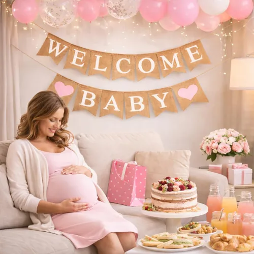Miniatura 2 de Cartel de arpillera de bienvenida para decoración de baby shower y fiesta de revelación de género (corazones rosa claro)