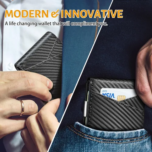 Miniatura 6 de GSOIAX Cartera delgada de cuero plegable RFID para hombre, billetera minimalista con bolsillo frontal con clip para dinero, 12 ranuras para Negro