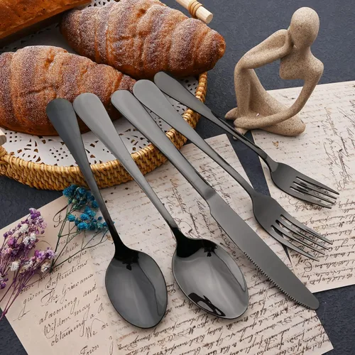 Miniatura 8 de JASHII Juego de cubiertos de 25 piezas con tenedor y cuchara con utensilios para servir para 4, cubiertos de acero inoxidable de grado alimenticio