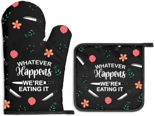 Miniatura 22 de Always Use Protection - Juego de guantes de horno y soportes para ollas, divertidos guantes de cocina retro para panaderos, regalos de inauguración