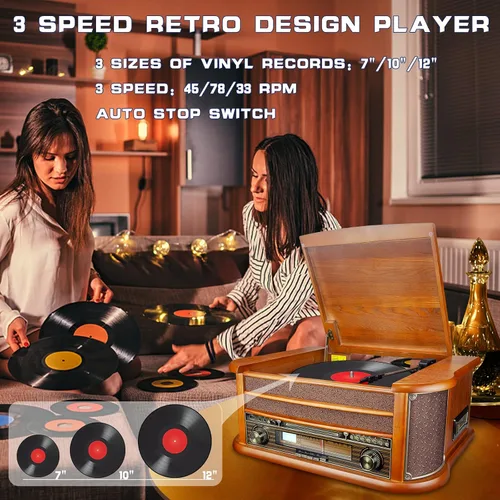 Miniatura 2 de BIGMONAT Tocadiscos todo en uno con altavoces incorporados, reproducción inalámbrica, tocadiscos de 3 velocidades, tocadiscos de vinilo caoba
