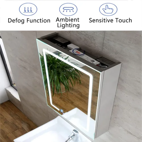 Miniatura 2 de Armarios de baño con espejo, gabinete de baño LED con estantes, armario de espejo de baño de almacenamiento con luces LED con luz ambiental y espejo