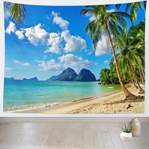 Miniatura 6 de Loccor Tapiz de playa tropical, isla costera, palmeras, olas, tapiz de pared de verano, paraíso hawaiano, paisaje para colgar en la pared, hippie