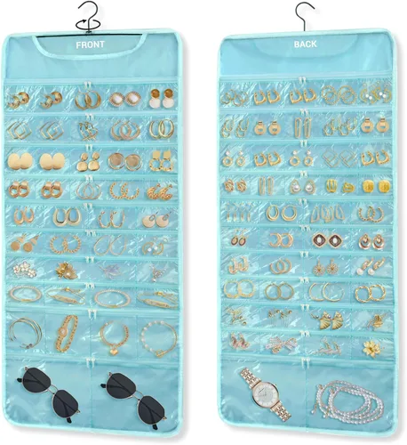 Miniatura 11 de FOREGOER Organizador de joyas colgante de doble cara, 43 bolsillos, organizador grande de accesorios para collares, aretes, (negro)