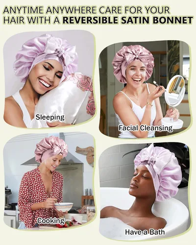 Miniatura 7 de Gorras de satén de seda para mujeres, envoltura de cabello rizado para dormir, gorra reversible con banda de corbata, gorra de dormir de doble capa