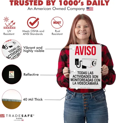 Miniatura 2 de TRADESAFE Señal de videovigilancia - Monitoreadas con la Videocámara Señal de Seguridad de Aluminio Español, Instalación Rápida, Reflectante de Luz