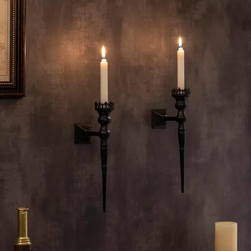 Miniatura 6 de Portavelas de Pared Gótico para Velas Cónicas (Juego de 2) Diseño de Corona y Cetro de Hierro Negro Decoración de Pared Victoriana para Sala