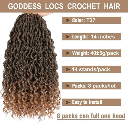 Miniatura 2 de COOKOO Rastas Goddess Locs Rizadas Rubio Degradado de 14 Pulgadas, Cabello de Ganchillo, 8 Piezas Rastas Bohemias Falsas de Ganchillo, 14 T27#