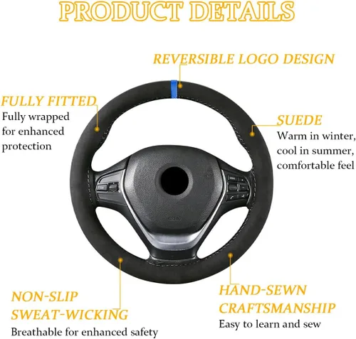 Miniatura 2 de Funda para volante de automóvil, protector envolvente completo de gamuza suave para volante con costura, con aguja e hilo, agarre cómodo, accesorios