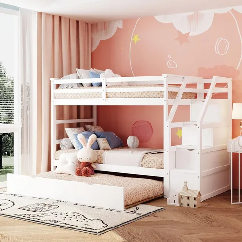 Miniatura 17 de Harper & Bright Designs Literas de tamaño individual sobre matrimonial, litera con escaleras y nido, literas de madera con estante de almacenamiento