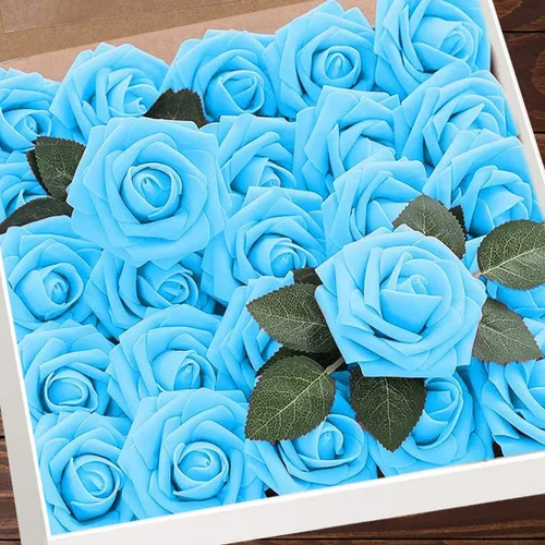 Miniatura 25 de Higfra Flores artificiales, 25 rosas falsas de espuma de aspecto real con tallos para ramos de boda, centros de mesa de despedida de soltera, Brillo