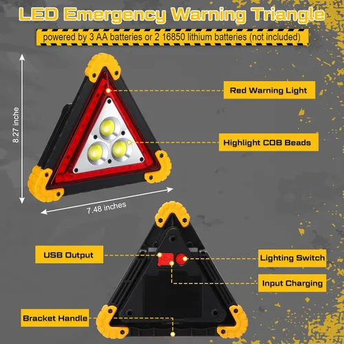 Miniatura 3 de Huquary Triángulo LED de advertencia de emergencia, recargable portátil intermitente LED triangular de advertencia con 4 modos, luz de peligro
