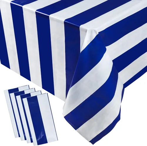 peony man Mantel rectangular desechable de plástico azul náutico, 4 piezas, a rayas, azul náutico, para fiestas, cocina, comedor, decoración de mesa