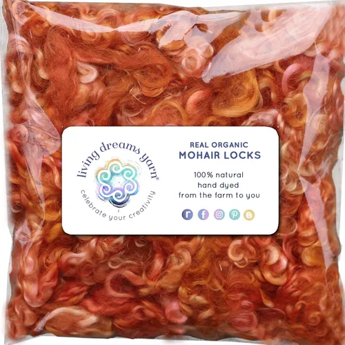 Cerraduras de mohair reales. Fibra de lana teñida a mano para enraizar, fieltro, mezcla, hilado, tapices y adornos. Naranja, 1 onza (0.99 oz)