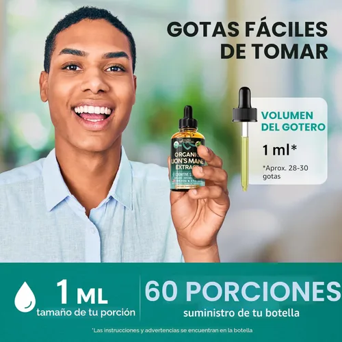 Miniatura 6 de Lions Mane Liquid – Suplemento orgánico de Lions Mane certificado por USDA – Apoyo cerebral, energía, memoria y enfoque – Extracto de hongo Lion's