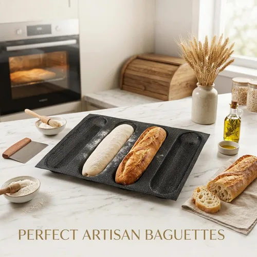 Miniatura 7 de Dioycli Molde de pan de silicona para hornear pan grande de baguette sartén perforada para bollos de perritos calientes, 4 panes, alfombrilla