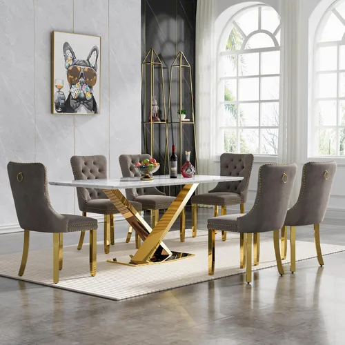 Miniatura 27 de Juego de mesa de comedor de 7 piezas con sillas, mesa de comedor de mármol sintético y sillas beige para 6, juego de mesa de comedor de oro blanco