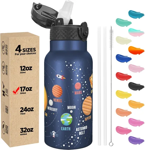 Han's Bottle - Botella de agua para niños con tapa con pajilla - Vaso reutilizable de acero inoxidable aislado para niñas, niños, taza termo, 17