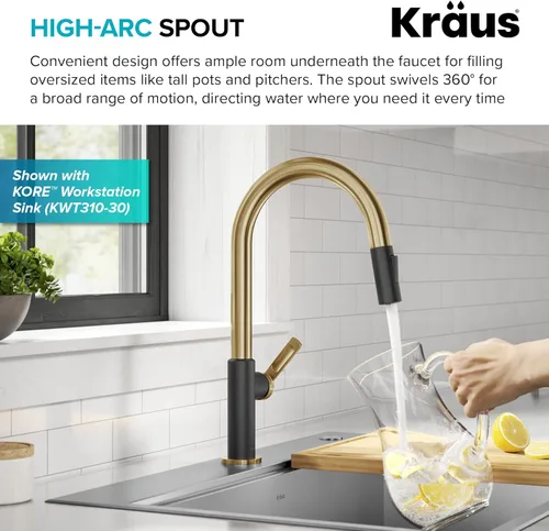 Miniatura 7 de Kraus Oletto - Grifos de cocina de arco alto con un solo mango extraíble, en latón cepillado/negro mate, grifos de cocina con rociador extraíble
