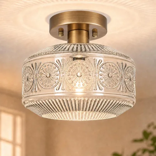 Miniatura 16 de DSMJFU - Lámpara de techo semiempotrada negra, lámpara de techo pequeña vintage, accesorio de iluminación de pasillo de vidrio blanco grueso, luz