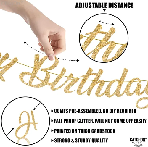 Miniatura 6 de KatchOn, Cartel de feliz cumpleaños cursivo dorado con purpurina – pre-encordado, 10 pies Decoraciones de cumpleaños para mujeres, hombres y niñas
