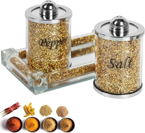 Juego de saleros y pimenteros de cristal con bandeja, decoración de casa de diamantes triturados de cristal brillante para cocina, tarro de sal y