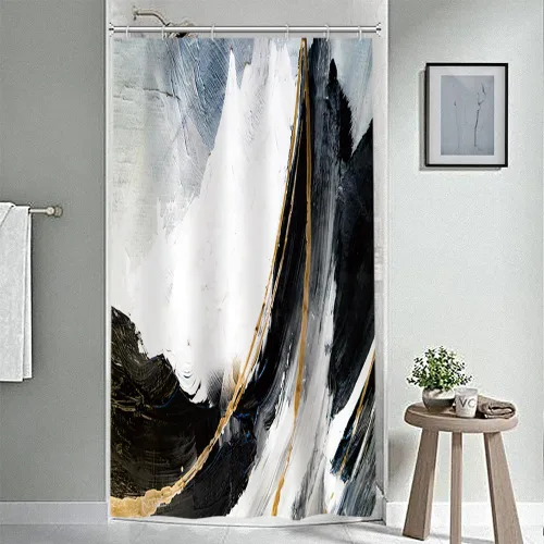 Miniatura 57 de Cortina de ducha pequeña de mármol negro y blanco, cortina de ducha con purpurina dorada, textura estética abstracta con pintura de gouache, cortina