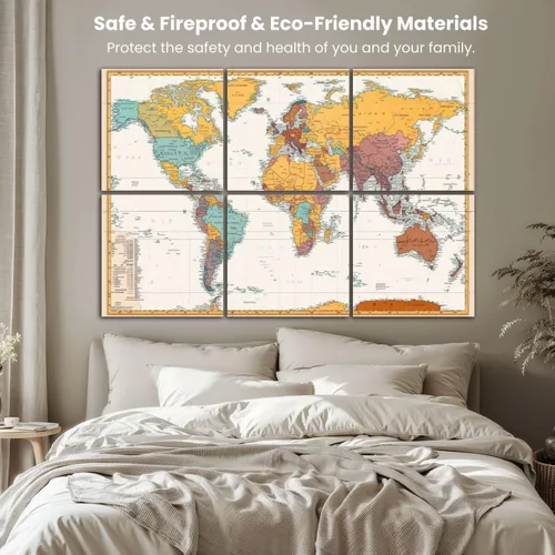 Miniatura 5 de Paneles acústicos artísticos antiguos de color retro con mapa político del mundo están separadas claramente, paquete de 6 paneles de pared