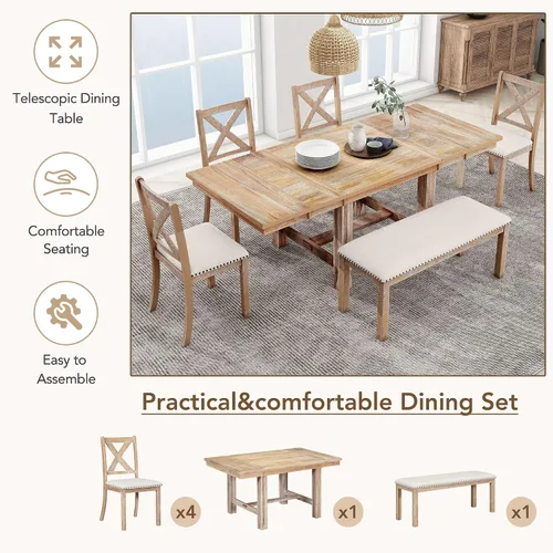 Miniatura 5 de Juego de mesa de comedor compacto de 6 piezas, juego de mesa de comedor de cocina de madera maciza con 4 sillas ergonómicas acolchadas y banco, mesa