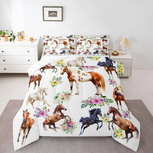 Erosebridal Juego de edredón de caballo, juego de edredón de flores de animales de granja, tamaño individual para niños y adolescentes, dormitorio