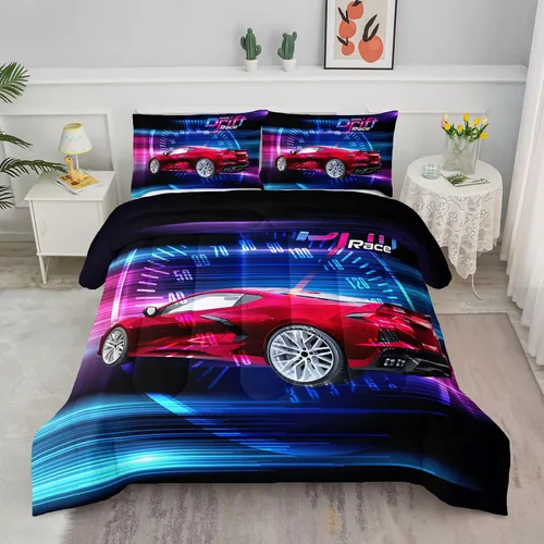 Miniatura 43 de Juego de edredón para niños Axolotl, tamaño individual, juego de ropa de cama con diseño de autos de carreras para niños, niñas, adolescentes