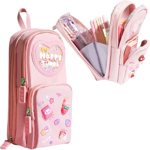 Estuche de cartón lindo con diseño de oso y conejito de fresa, helado, 3 capas, gran capacidad, estuche organizador de cosméticos (rosa-1)