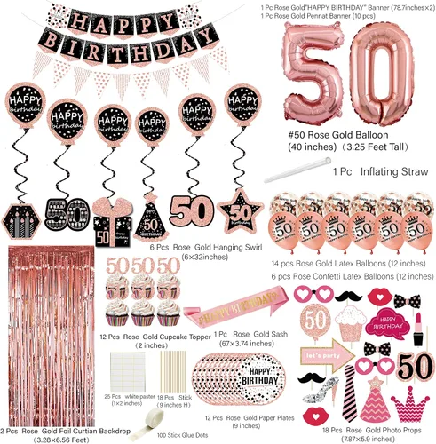 Miniatura 2 de Decoraciones de cumpleaños número 50 para mujer – (paquete de 76) pancarta de fiesta de oro rosa, banderín, remolino colgante, globos de cumpleaños
