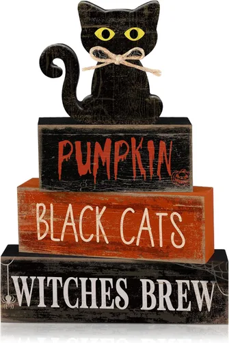 Miniatura 125 de Lineshading 4 piezas de decoración de mesa de Halloween espeluznante café apilado, decoración de bloques apilados de madera, letreros con tapa