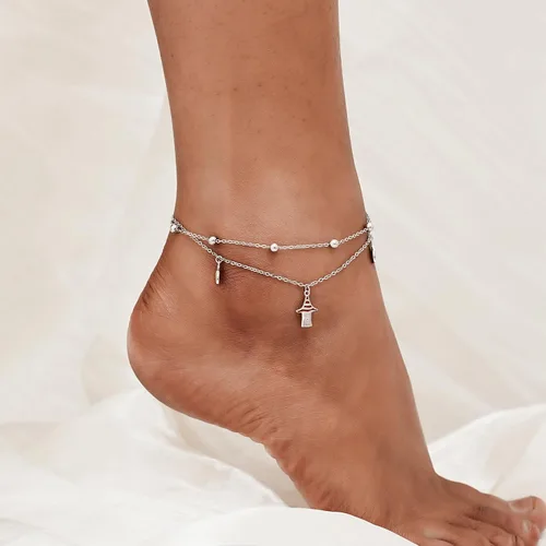 Miniatura 158 de CHIC & ARTSY Tobilleras delicadas de plata de ley S925 para verano, pulsera de tobillo ajustable multicapa para playa, joyería de pie para mujer