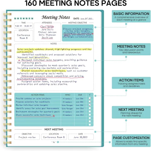Miniatura 2 de Taja Cuaderno de reuniones para la organización del trabajo, planificador de trabajo con artículos de acción, agenda para tomar notas, 160 páginas