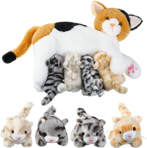 Miniatura 8 de Skylety Animal de peluche Nurturing con 4 gatitos de peluche, gatos de peluche para niñas y niños, mamá gatita de peluche con gatitos para regalos